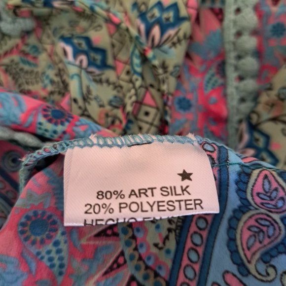 Bohemian Style Print Dress Bell Sleeve V-Neck Tassels Ribbon Made in India OS - Picture 10 of 14